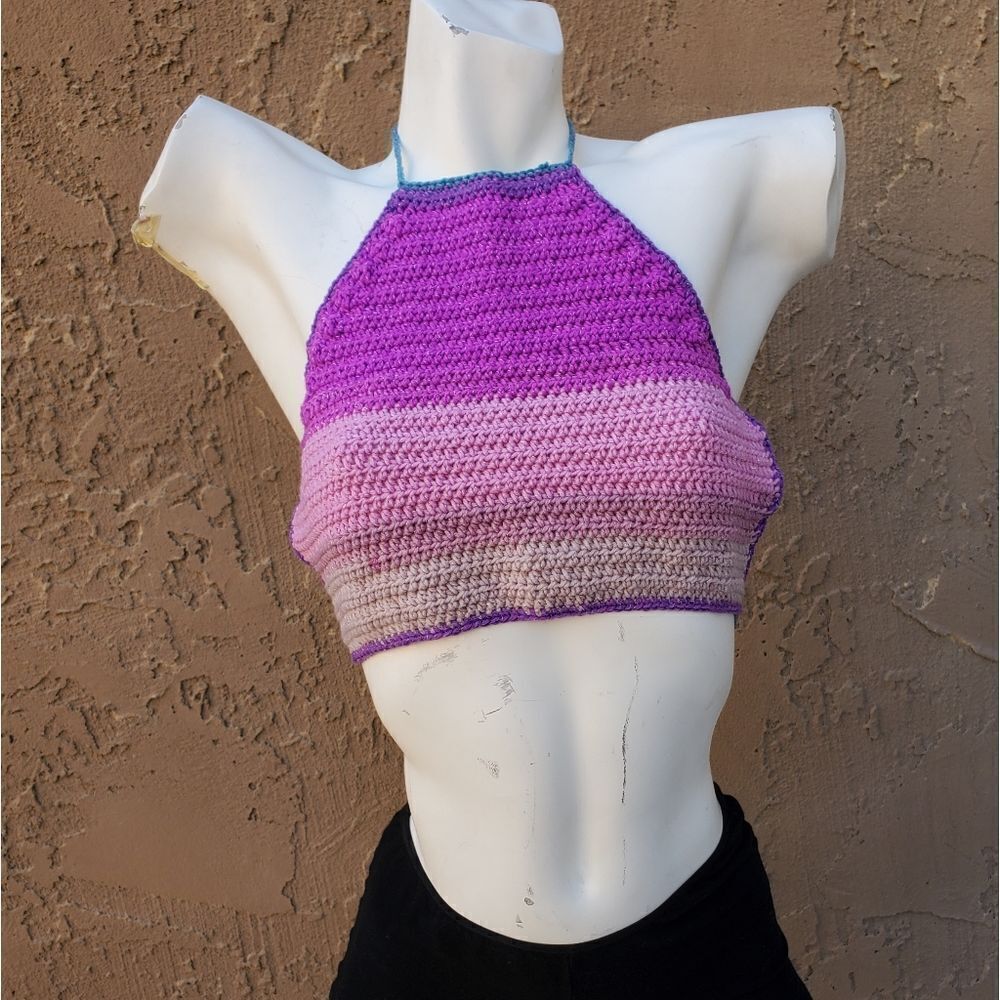 Hand Crafted Purple, Pink, and Beige Crochet Cropped Halter Top Size S